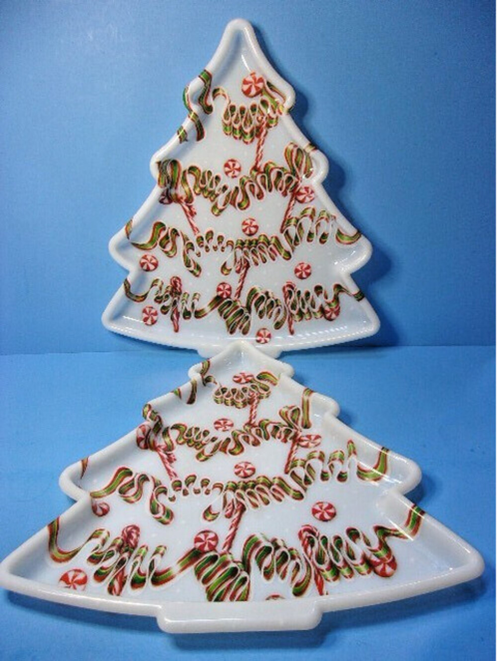 Vintage Lot of 2 Christmas Tree Plastic Cookie Trays Ribbon Candy Peppermint MCM